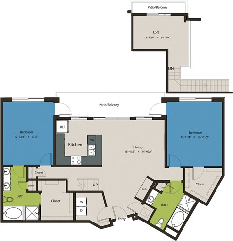 Floor plan for 2 beds, 2 baths, 1670 sqft